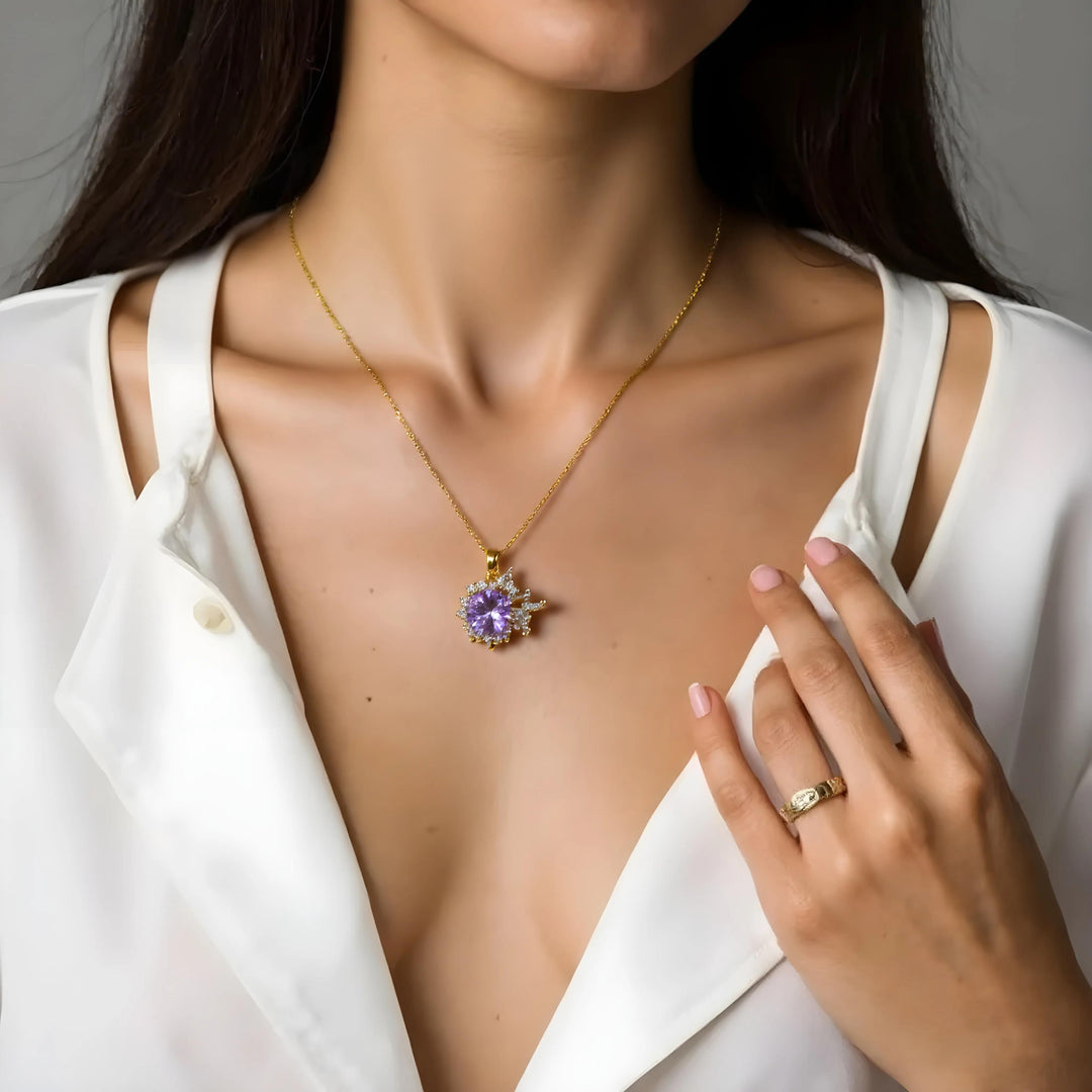 Violet Halo Pendant – Heart Crystal Burst Necklace