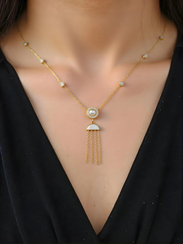 Lunar Drift Pendant – Pearl Drop Statement Necklace