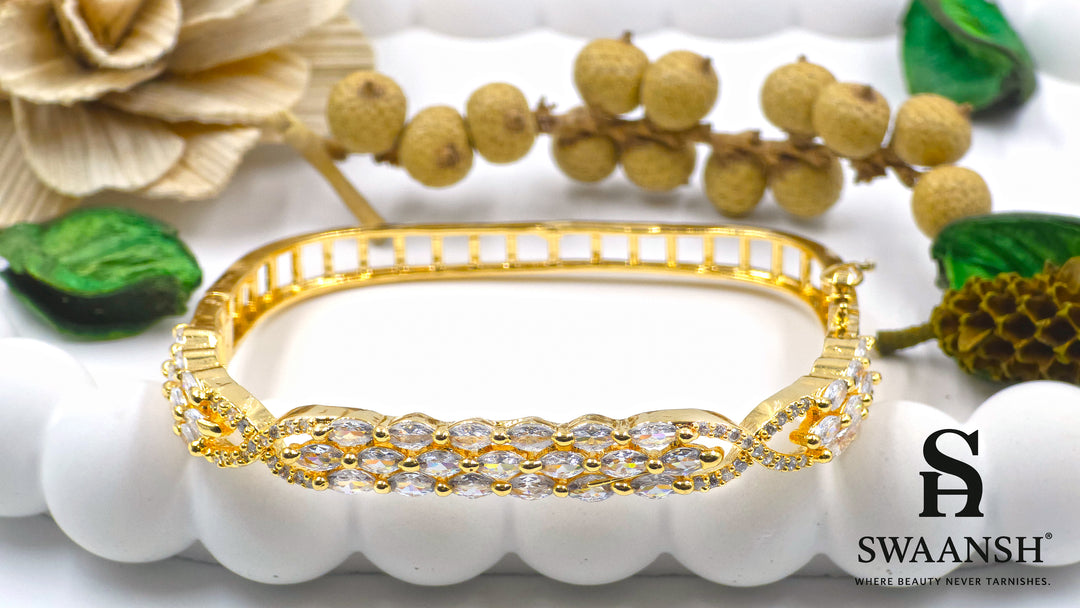 Square gold bracelet with three rows of marquise-cut zirconia stones – Swaansh