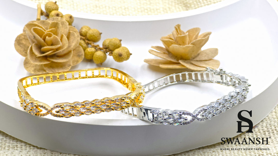Silver square bracelet with three rows of marquise-cut zirconia and side swirl motifs – Swaansh