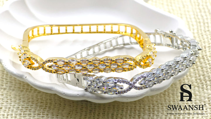 Silver square bracelet with three rows of marquise-cut zirconia and side swirl motifs – Swaansh