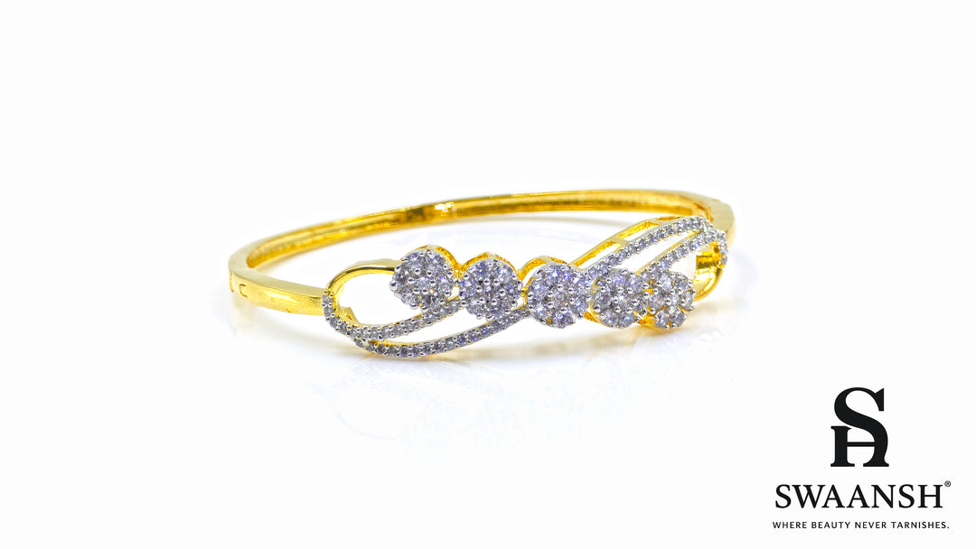 Gold bracelet with floral crystal cluster and dual micro-studded bands – Swaansh