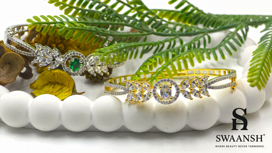 Golden bracelet with floral marquise stones and a crystal-studded halo centerpiece – Swaansh