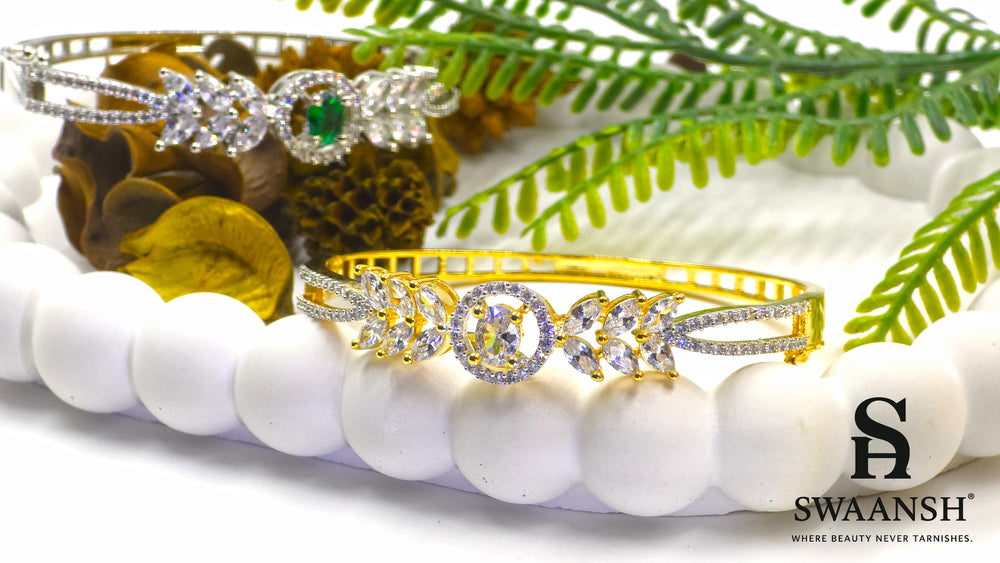 Golden bracelet with floral marquise stones and a crystal-studded halo centerpiece – Swaansh