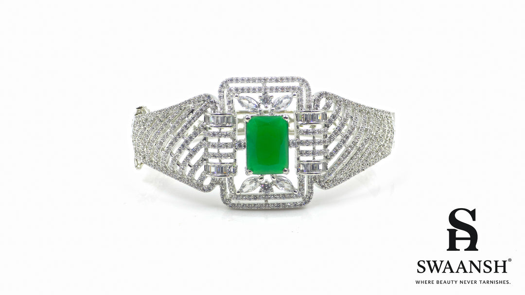 Silver-toned designer bracelet with rectangular emerald green stone and grid CZ cage – BPR112 premium jewellery by Swaansh