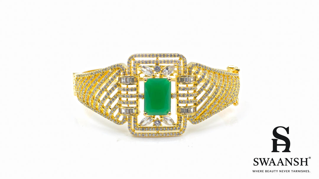 Gold bracelet with rectangular emerald green centre and structured CZ grid design – BPR114 luxury piece by Swaansh