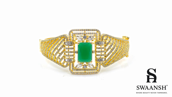 Gold bracelet with rectangular emerald green centre and structured CZ grid design – BPR114 luxury piece by Swaansh