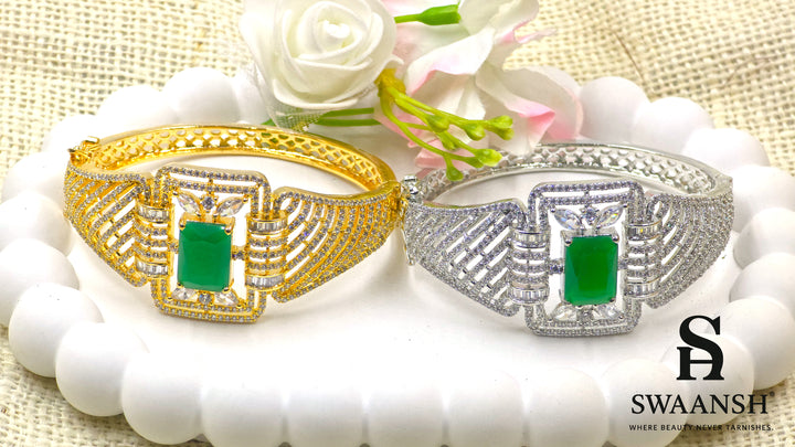 Gold bracelet with rectangular emerald green centre and structured CZ grid design – BPR114 luxury piece by Swaansh