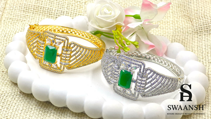 Gold bracelet with rectangular emerald green centre and structured CZ grid design – BPR114 luxury piece by Swaansh