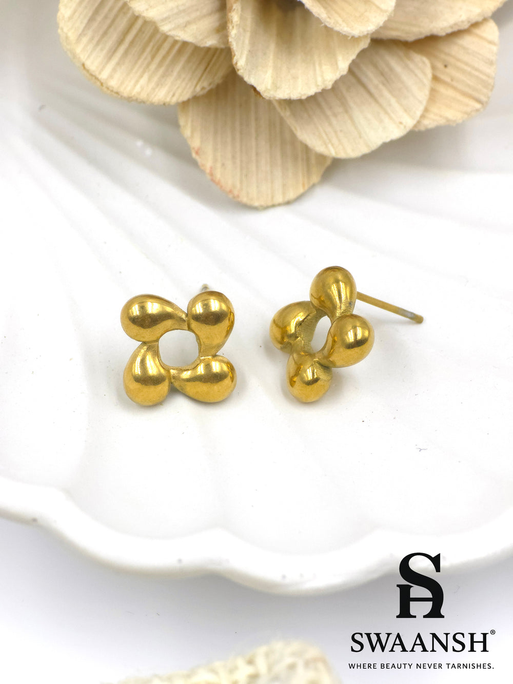 Bloom Bold gold stud earrings by Swaansh featuring soft sculpted floral design in matte anti-tarnish finish
