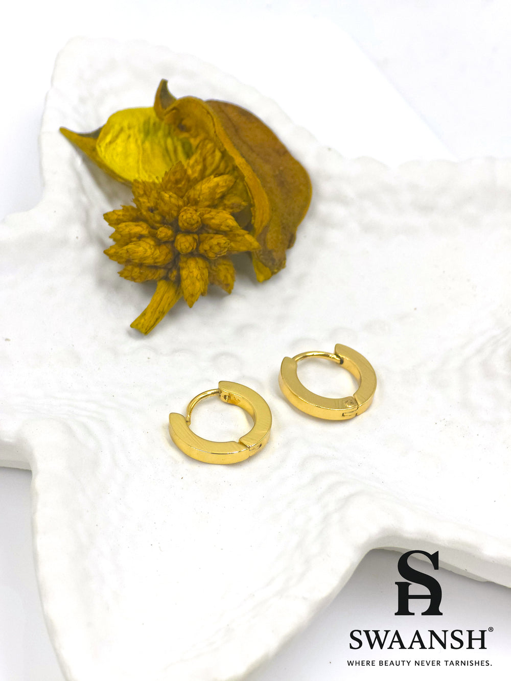 Core Loop gold hoop earrings by Swaansh with minimal design and anti-tarnish stainless steel finish