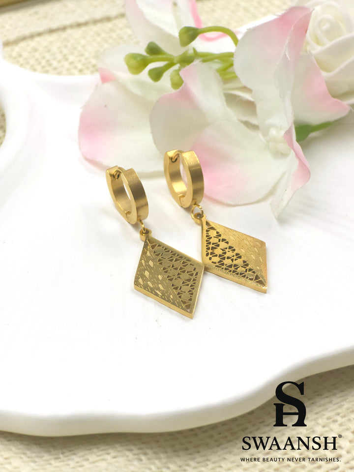 Golden Mirage diamond-cut gold drop earrings by Swaansh with matte-finish hoops and geometric lattice design
