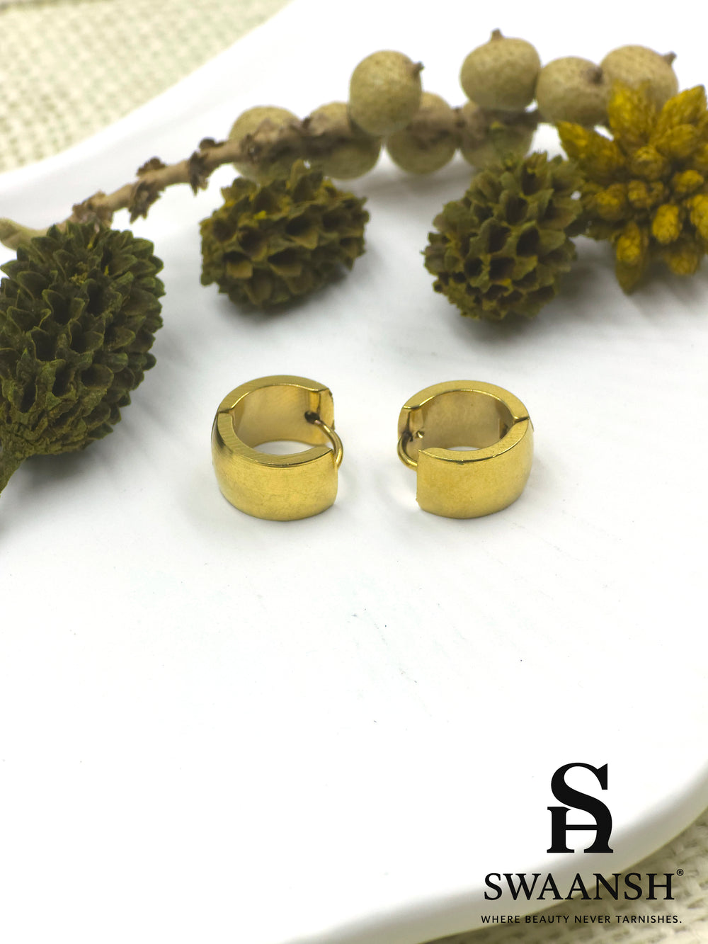 Swaansh Urban Edge matte gold huggie hoop earrings placed on white ceramic plate with floral decor in background
