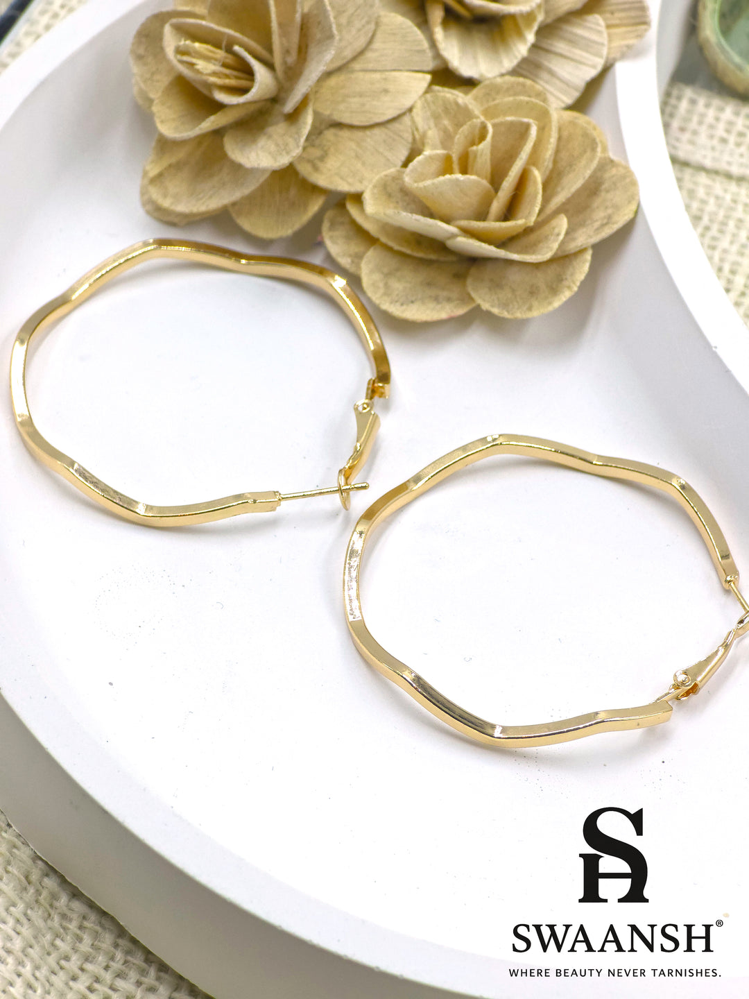 Golden Wave textured hoop earrings by Swaansh featuring ripple edge design on a white ceramic base – lightweight, anti-tarnish and elegant