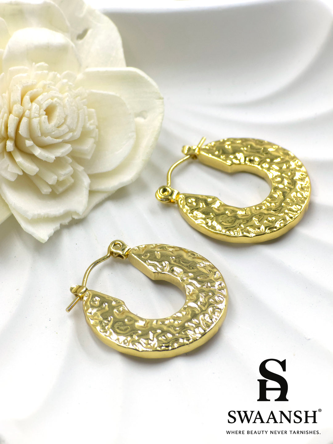 Molten Moon hammered hoop earrings in gold finish by Swaansh – lightweight, textured, skin-friendly hoops for daily or occasion wear