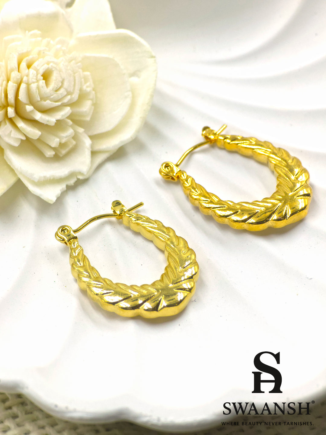 Leaf Weave gold hoop earrings with braided embossed texture by Swaansh – anti-tarnish, skin-friendly, suitable for festive and daily wear