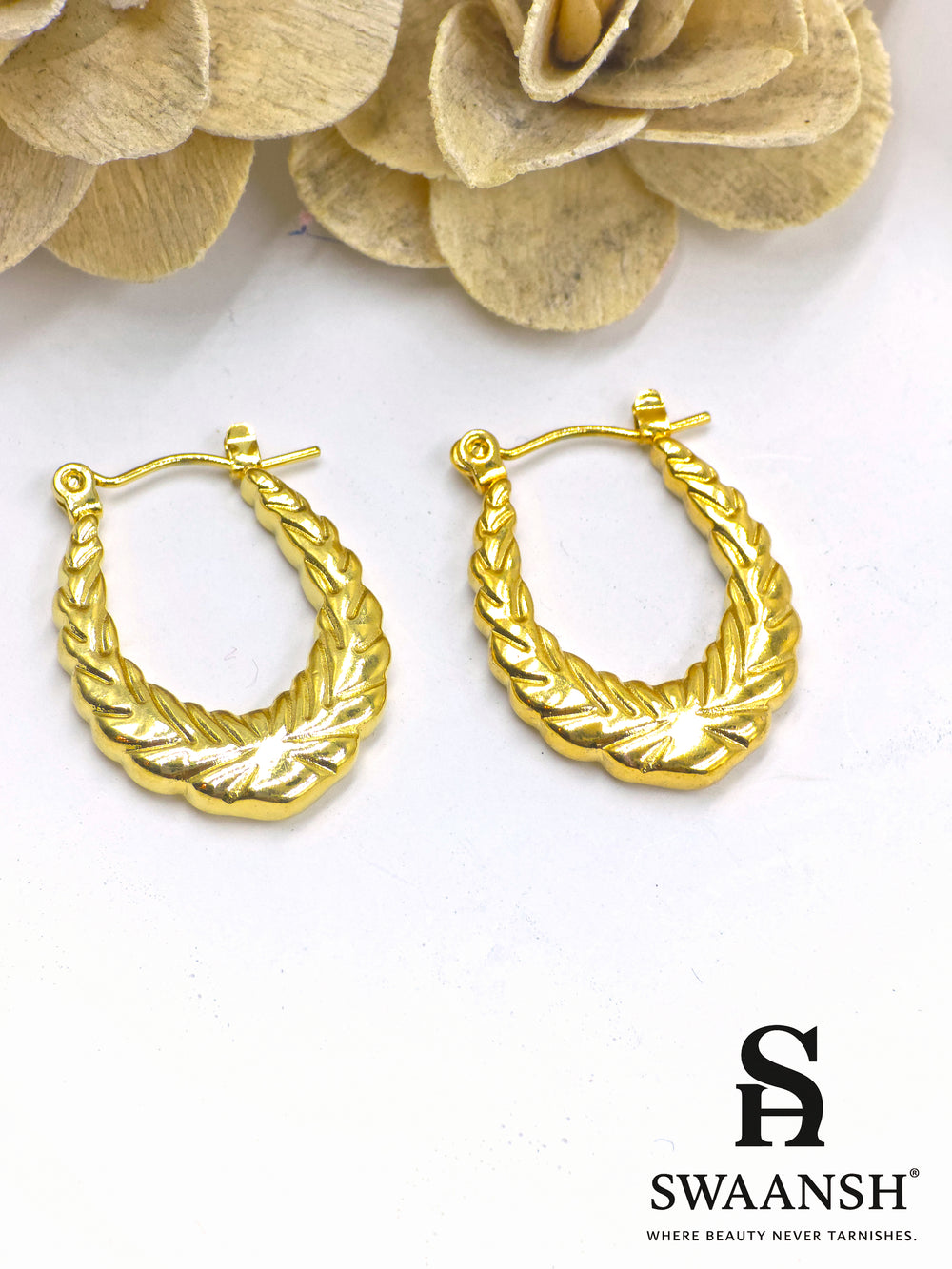Leaf Weave gold hoop earrings with braided embossed texture by Swaansh – anti-tarnish, skin-friendly, suitable for festive and daily wear