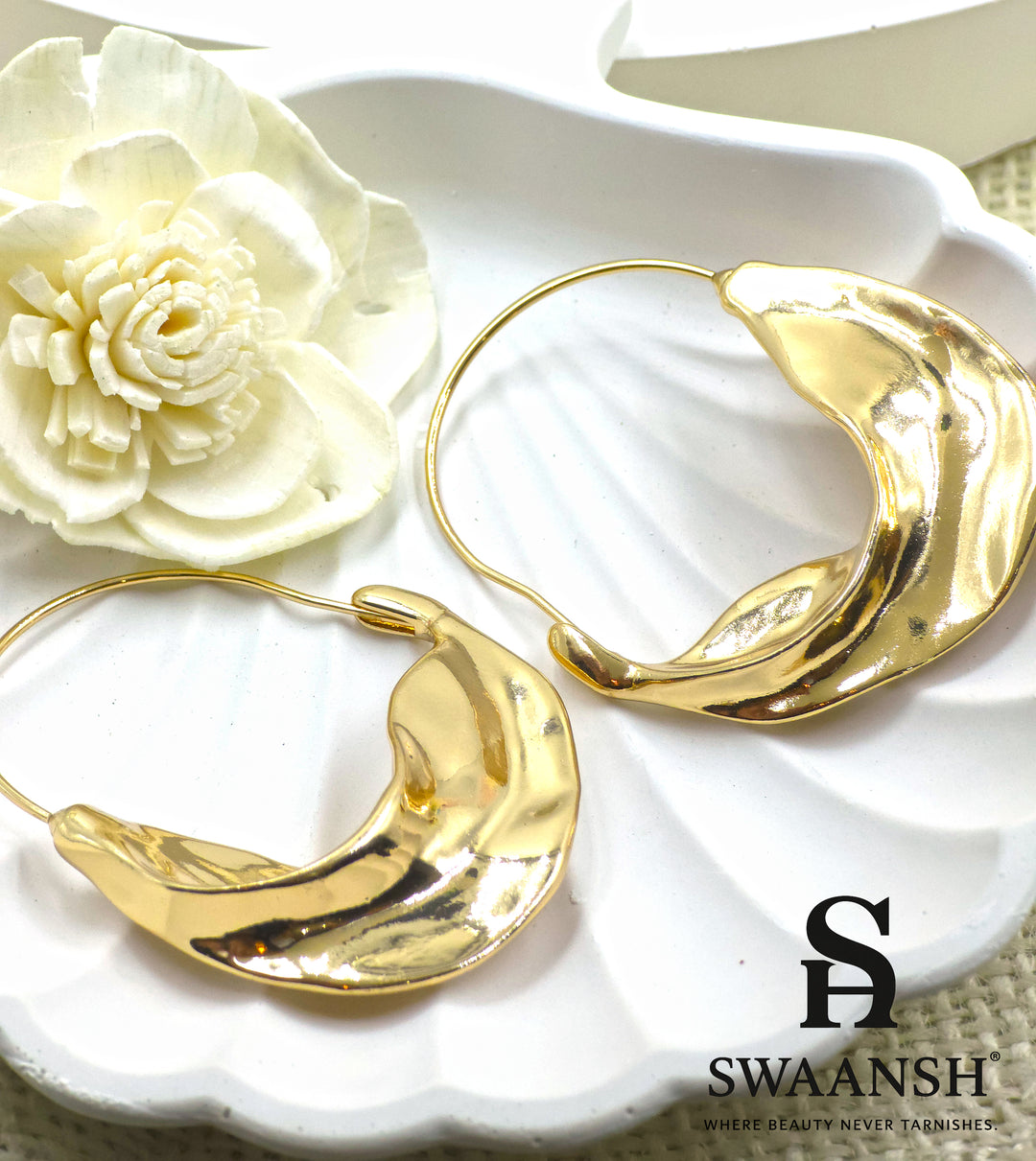 Swaansh Fluid Wave sculpted gold hoop earrings with bold organic design – skin-friendly and anti-tarnish jewellery for modern women