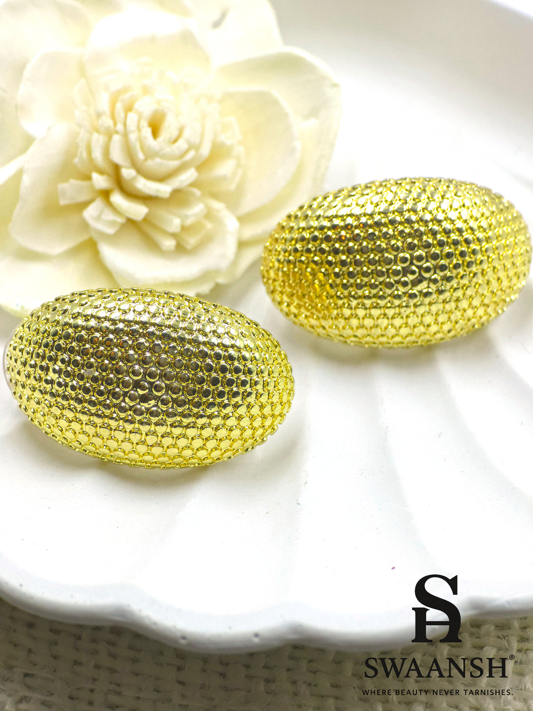 Golden textured mesh dome earrings by Swaansh – anti-tarnish, bold and hypoallergenic fashion earrings