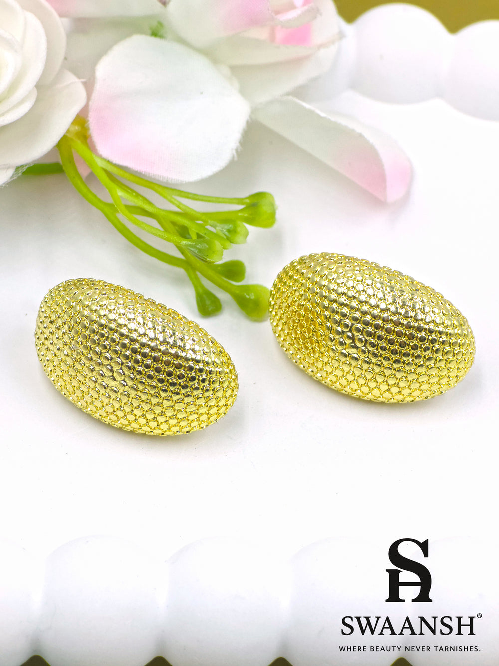 Golden textured mesh dome earrings by Swaansh – anti-tarnish, bold and hypoallergenic fashion earrings