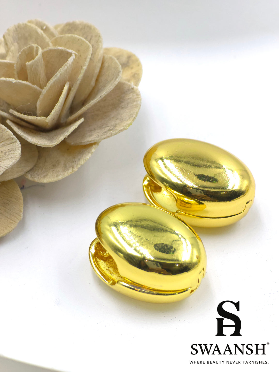 Glossy dome-shaped clip-on earrings in gold by Swaansh – anti-tarnish, skin-friendly non-pierced earrings