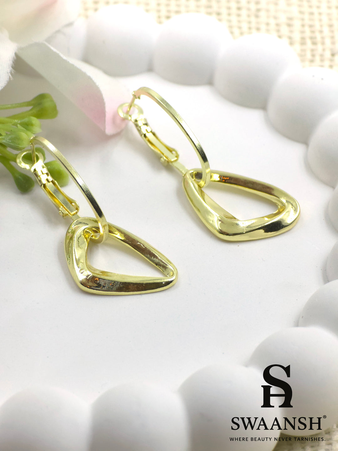 Gold abstract triangle drop earrings with hoop clasp – minimalist anti-tarnish design by Swaansh