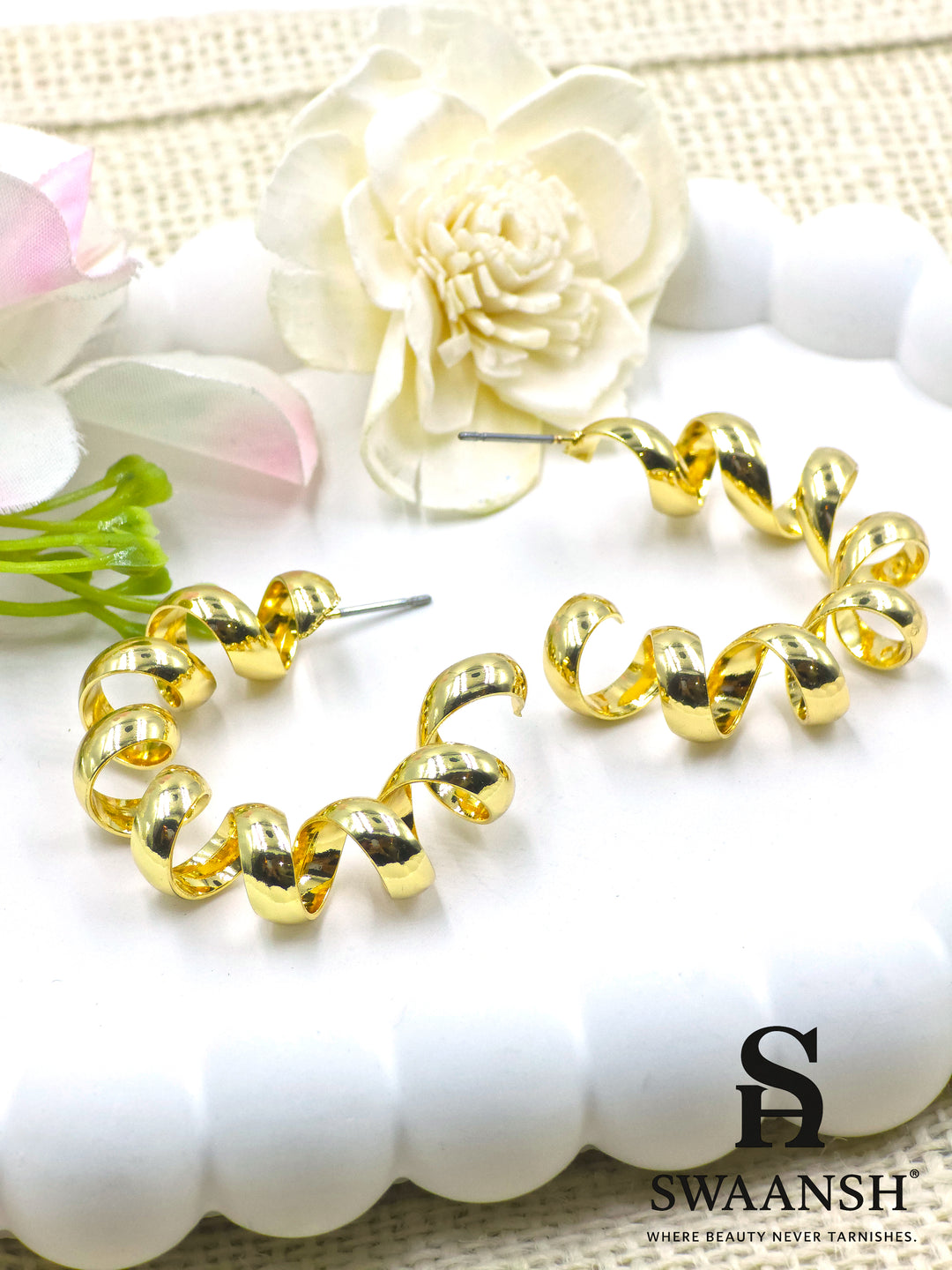 Gold spiral curl hoop earrings with glossy anti-tarnish finish – Swaansh jewellery design