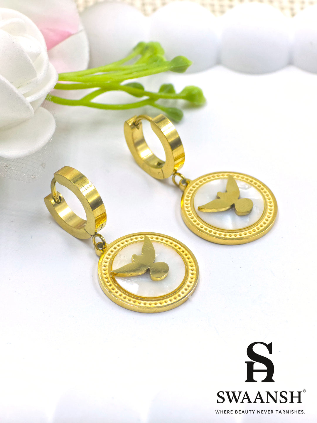 Gold hoop earrings with circular dove medallion charm and pearl inlay – Celestial Flight Drop Hoops by Swaansh