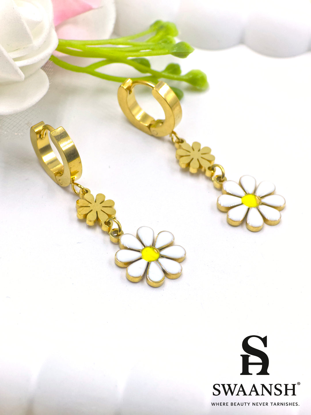 Gold hoop earrings with white and yellow enamel daisy charm – Sunny Daze Daisy Drop Earrings by Swaansh