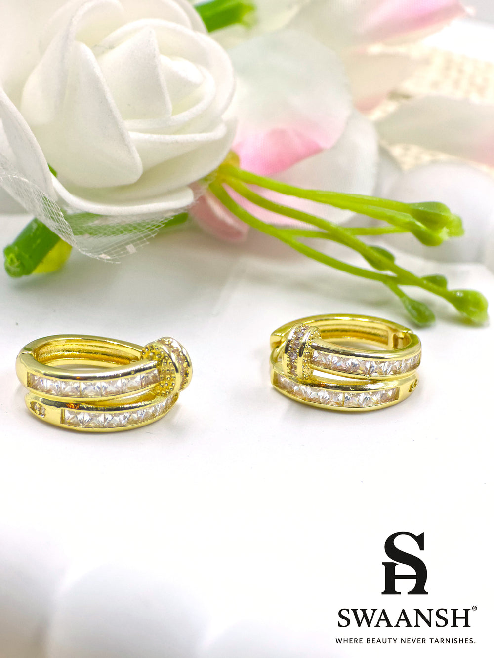 Dual-layer gold hoop earrings with princess-cut and round crystal inlays – Swaansh