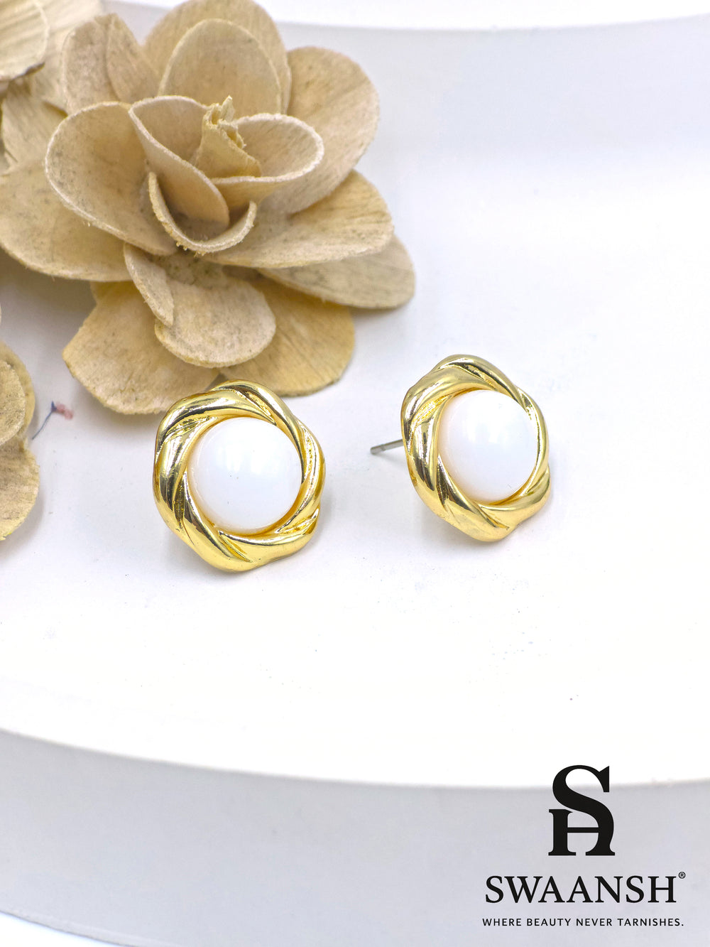 Gold knot stud earrings with white pearl centre – Swaansh