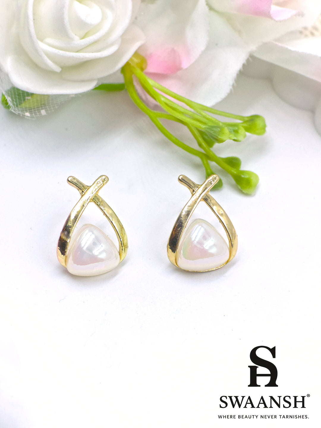 Gold X-frame pearl stud earrings – minimal daily wear design by Swaansh