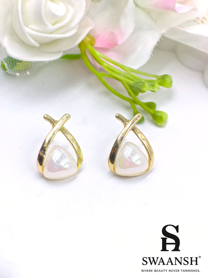 Gold X-frame pearl stud earrings – minimal daily wear design by Swaansh