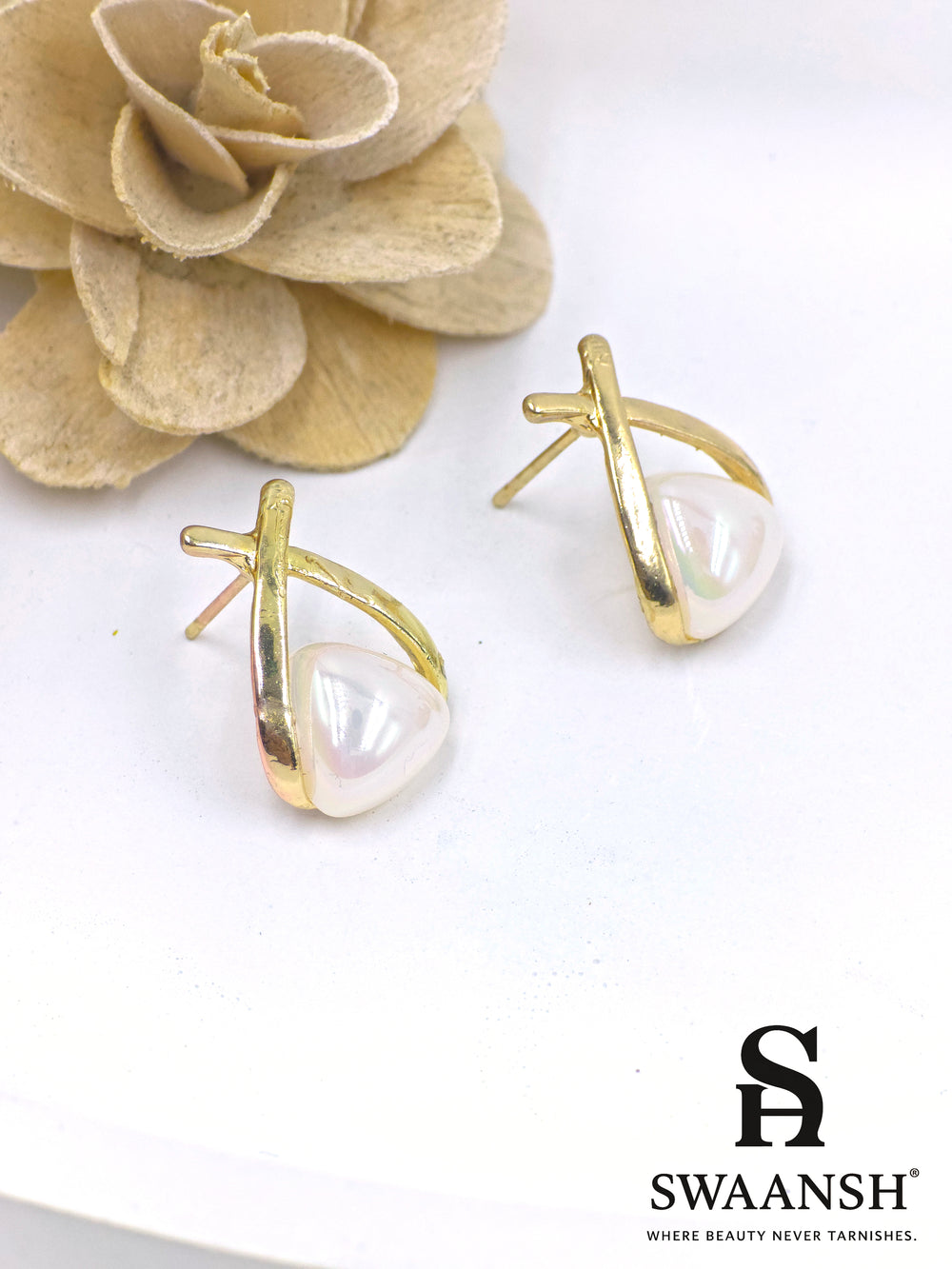 Gold X-frame pearl stud earrings – minimal daily wear design by Swaansh