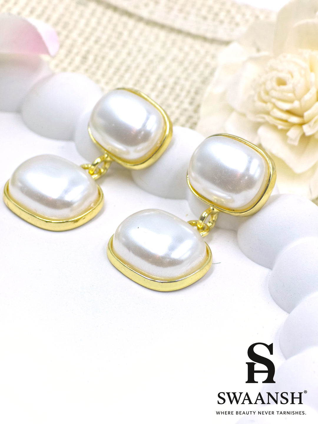 Dual square pearl drop earrings in gold bezel – Swaansh