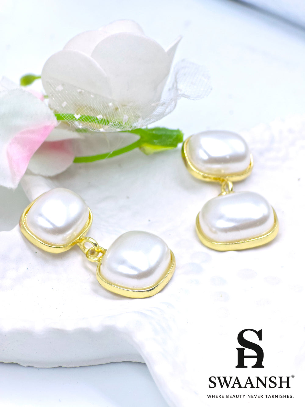Dual square pearl drop earrings in gold bezel – Swaansh