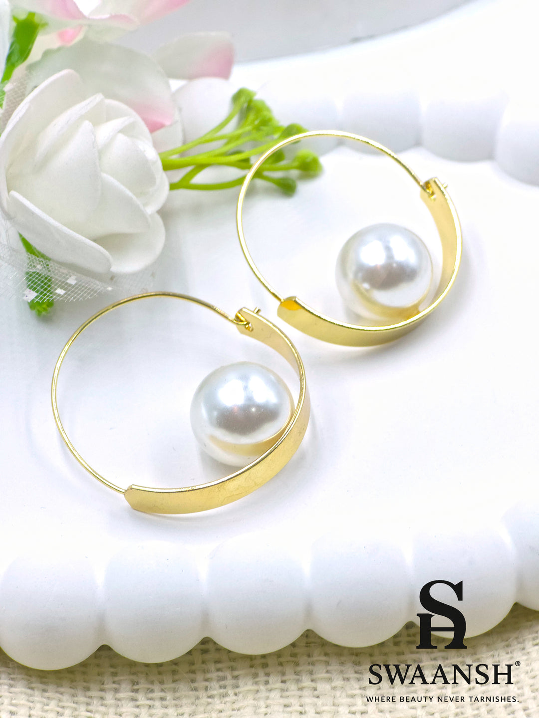 Swaansh  – gold hoops with centered white pearl, orbit-inspired statement earrings