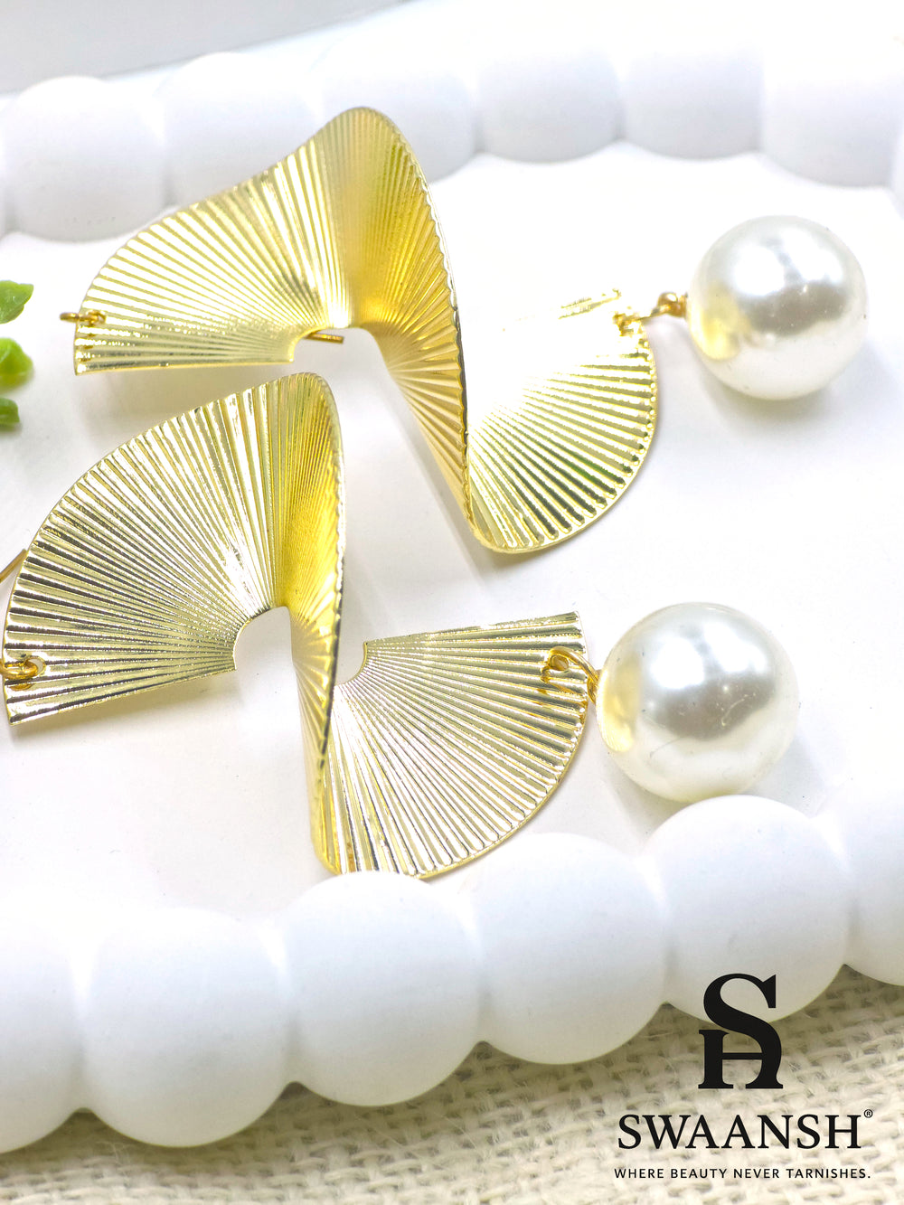 Swaansh  – gold sculpted fan earrings with pearl drops, bold designer fashion earrings