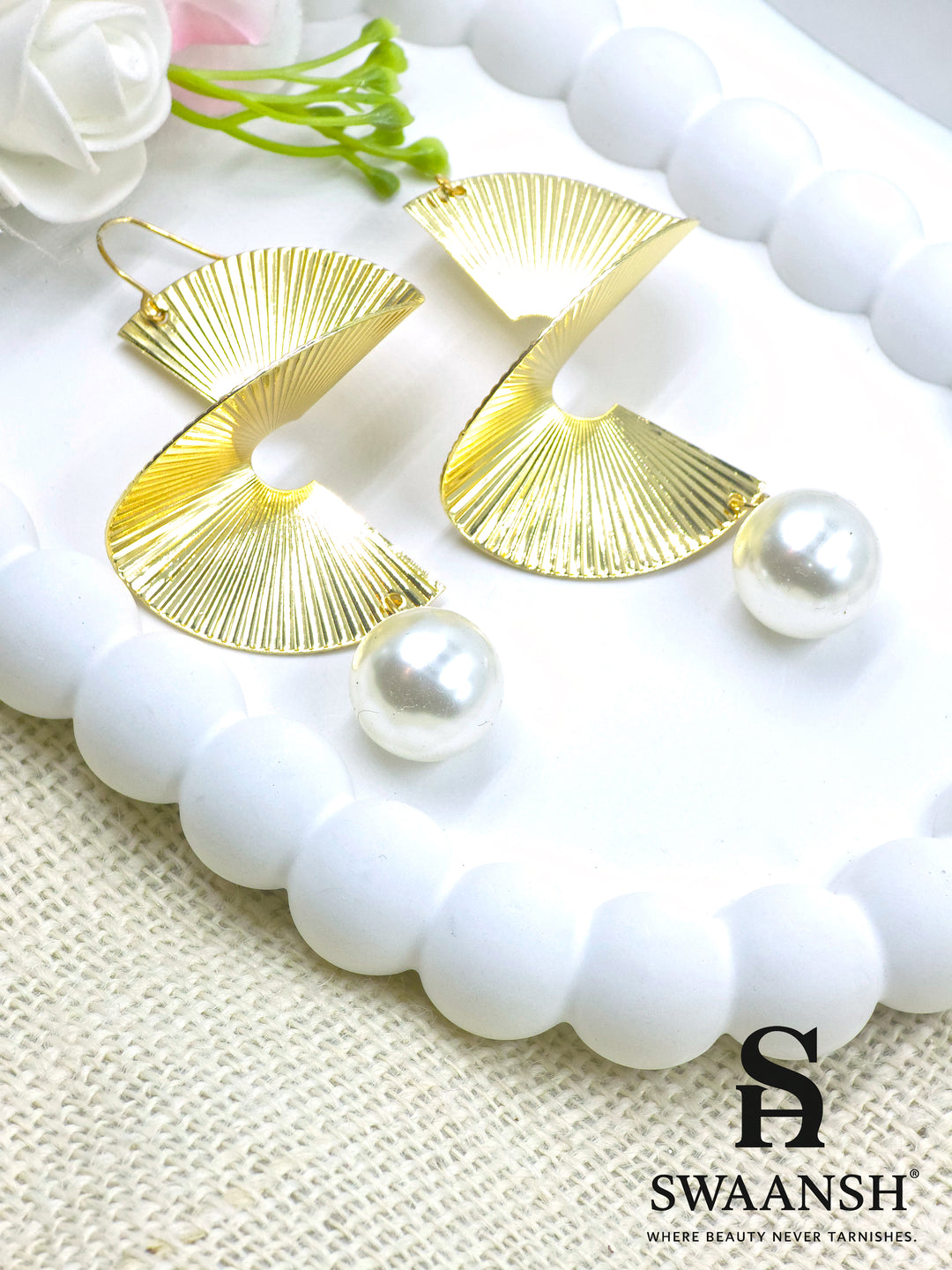 Swaansh  – gold sculpted fan earrings with pearl drops, bold designer fashion earrings