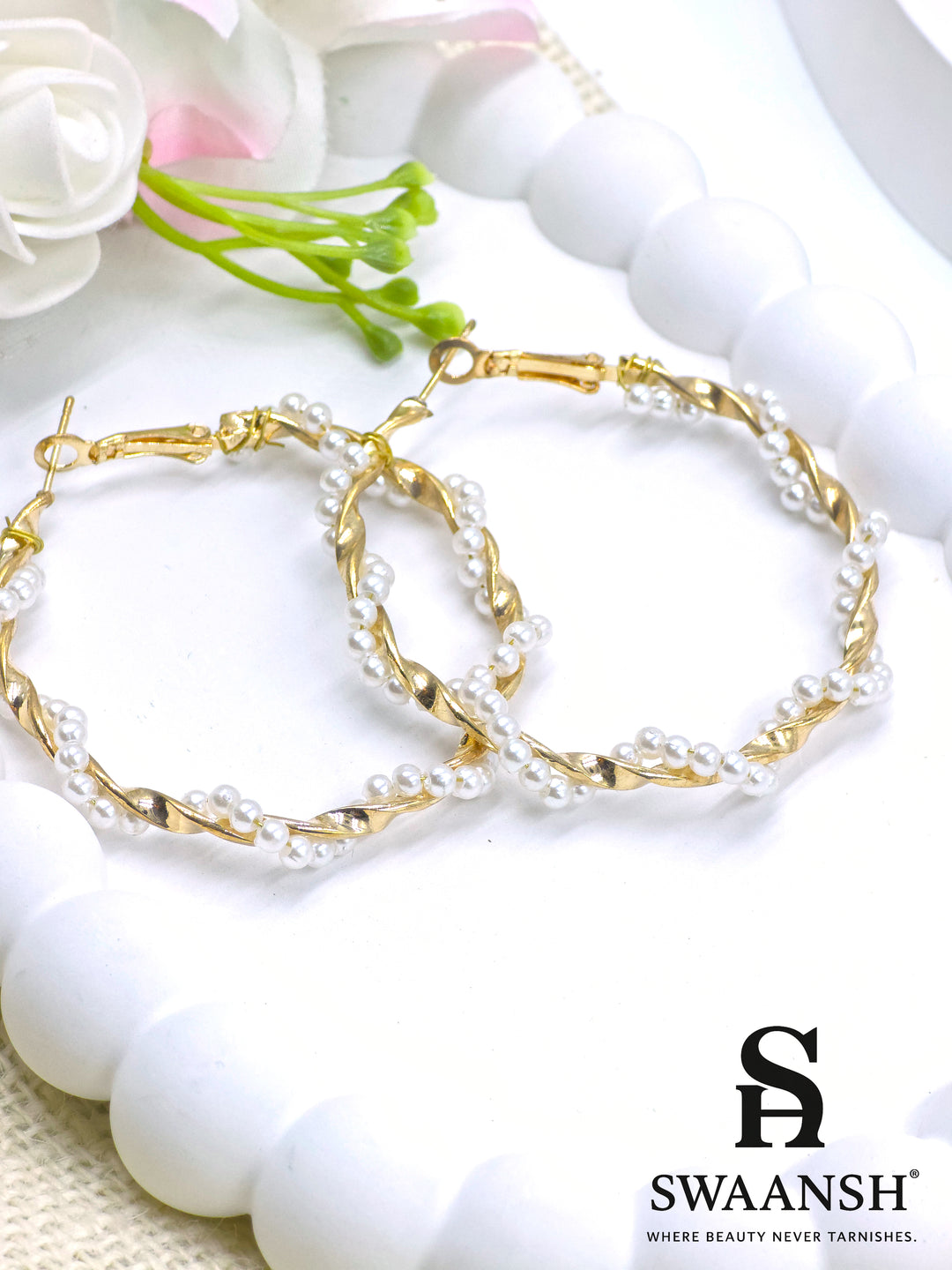 Swaansh  – braided gold hoop earrings with white pearl detailing, elegant and festive look