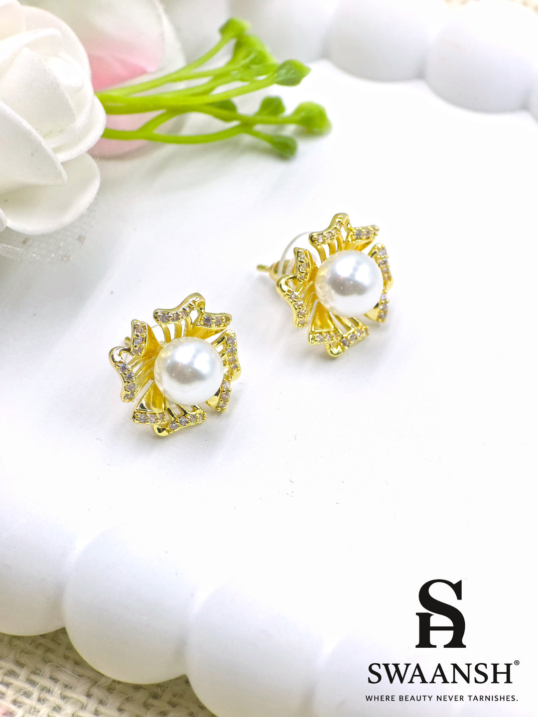 Swaansh  – gold floral pearl stud earrings with CZ accents