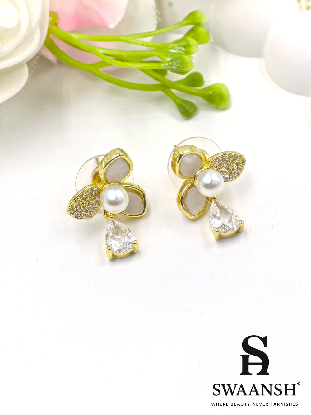 Swaansh  – floral pearl stud earrings with teardrop crystal and mother-of-pearl petals