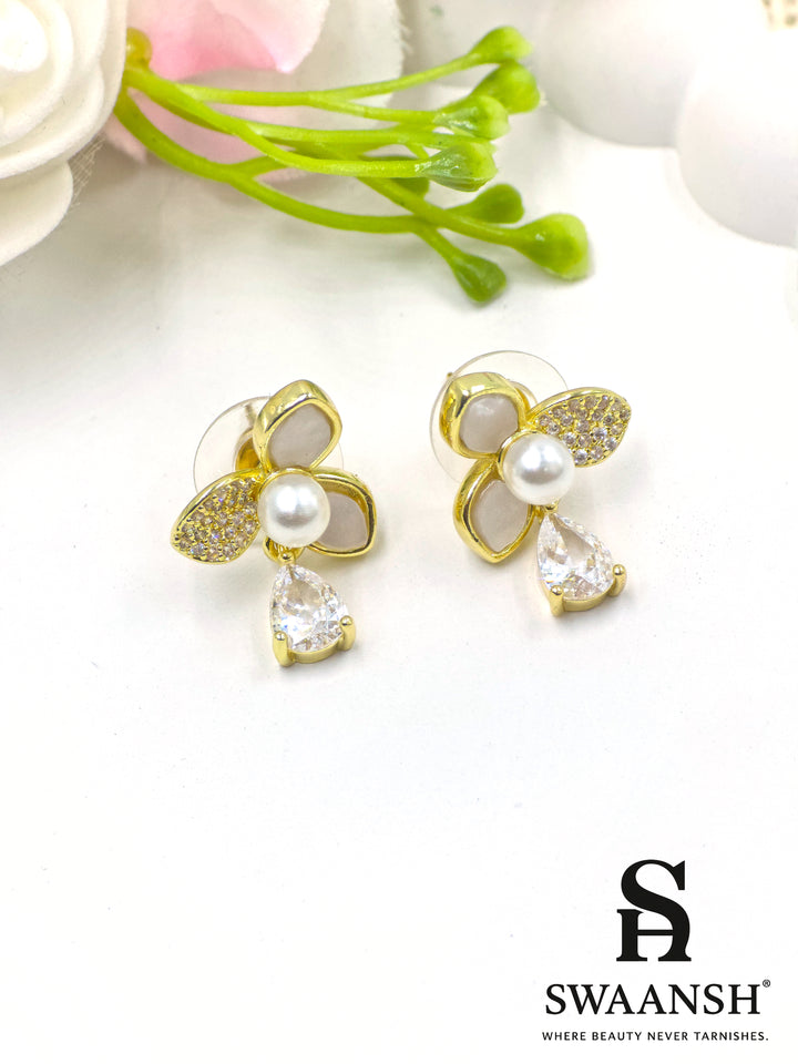 Swaansh  – floral pearl stud earrings with teardrop crystal and mother-of-pearl petals