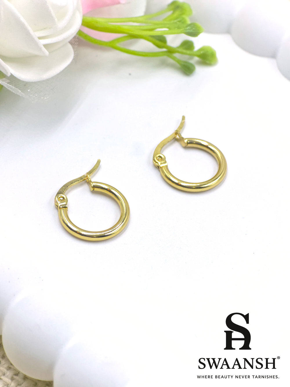 Swaansh Evil Eye gold hoops with black enamel protection design