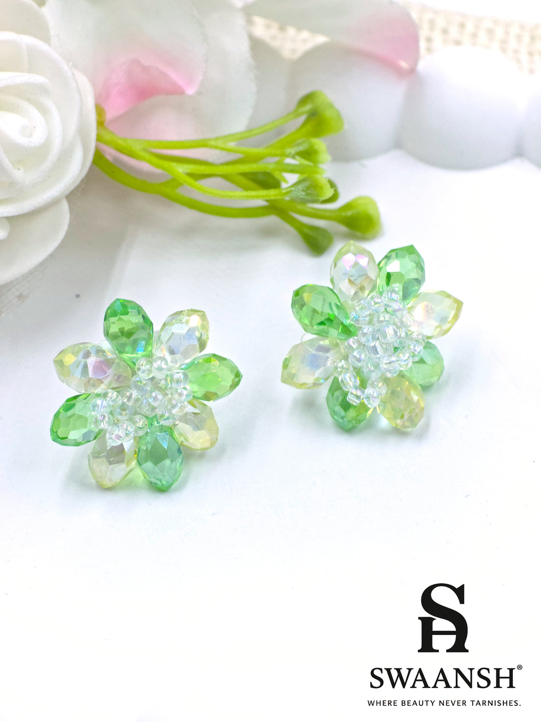 Green crystal flower stud earrings with 3D beaded petals – handmade summer studs by Swaansh
