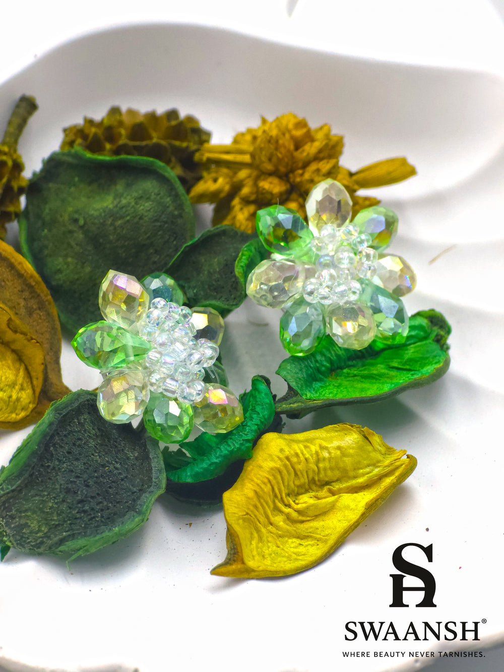 Green crystal flower stud earrings with 3D beaded petals – handmade summer studs by Swaansh