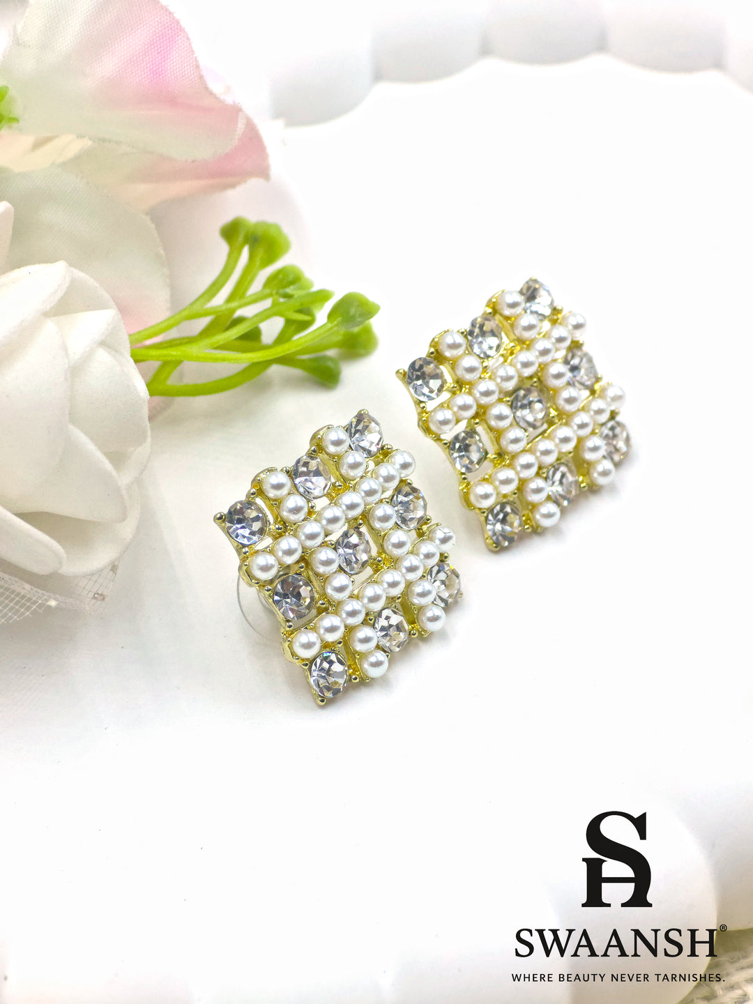 Square grid earrings with white pearls and crystals on a golden base – vintage statement studs by Swaansh
