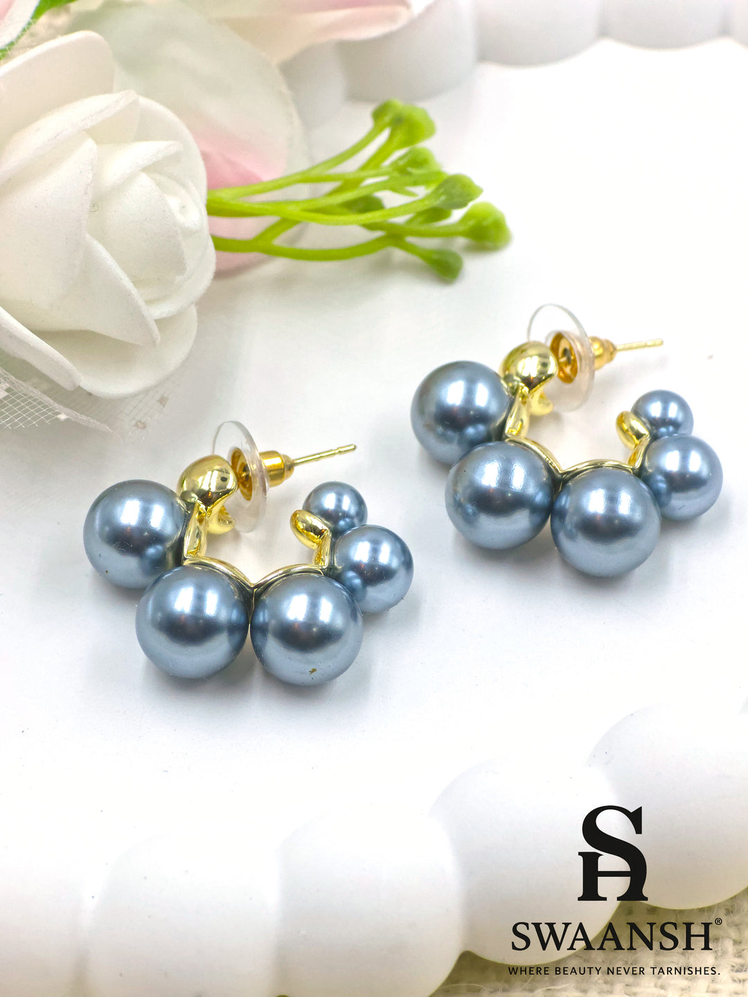Triple grey pearl stud earrings with golden base – modern cluster studs by Swaansh