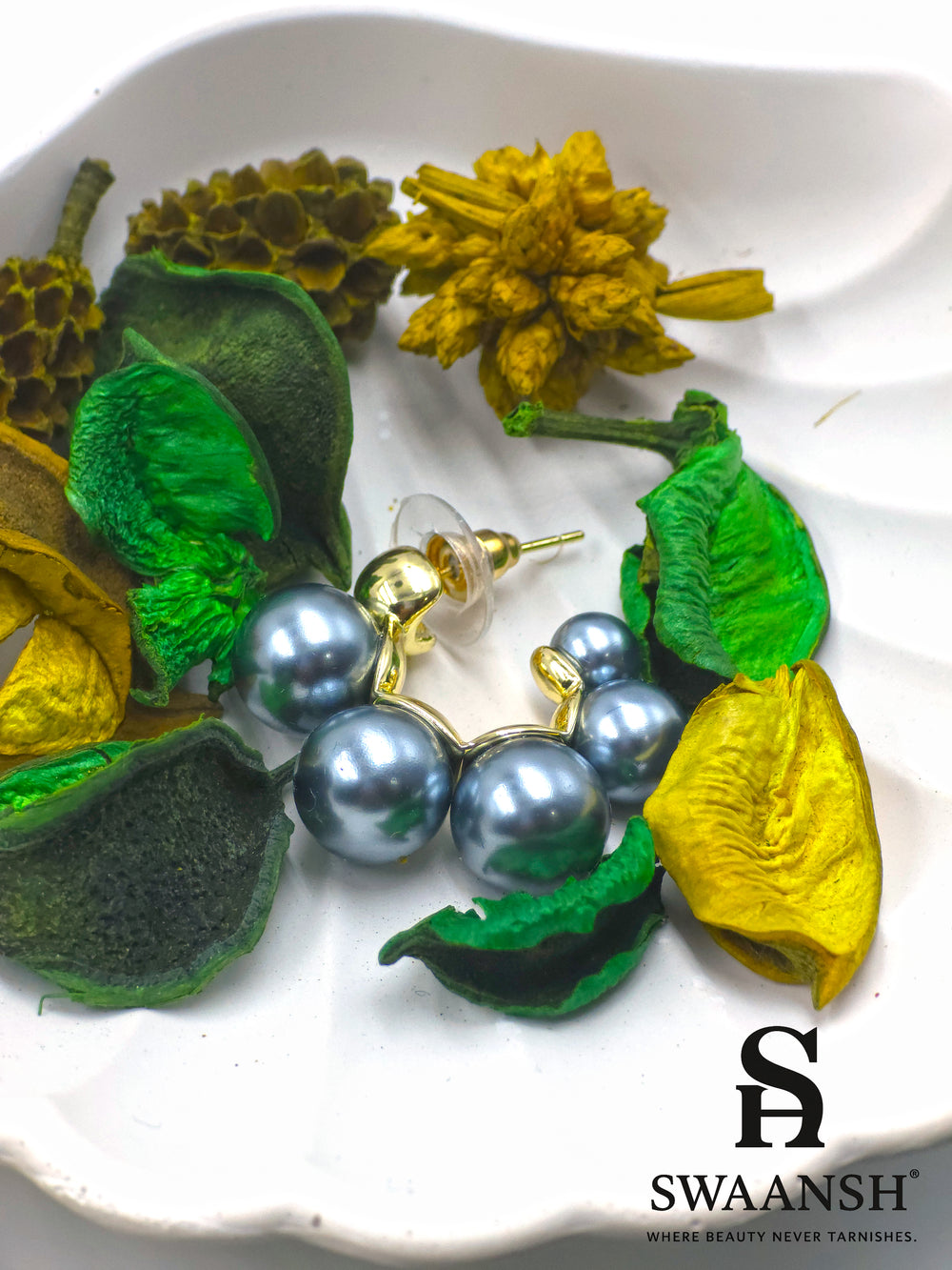 Triple grey pearl stud earrings with golden base – modern cluster studs by Swaansh