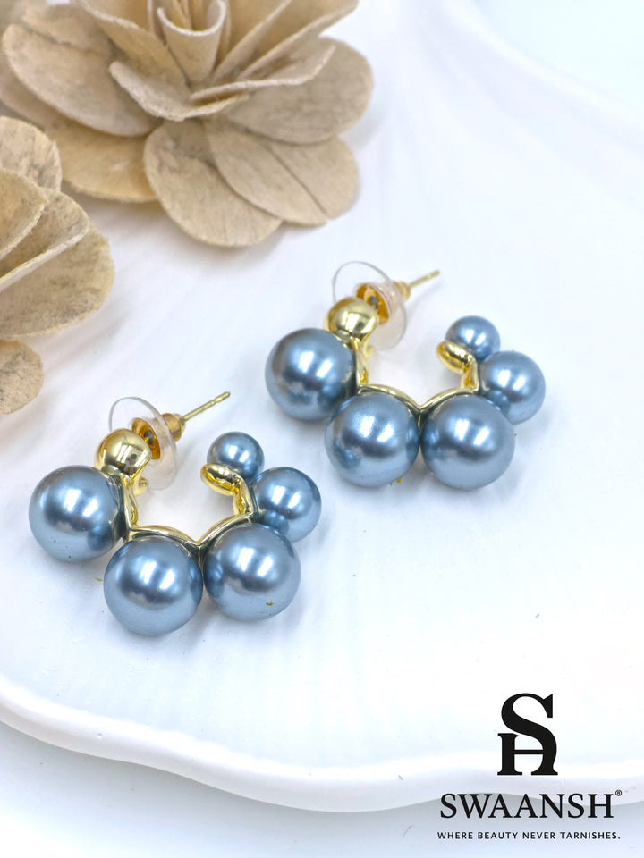 Triple grey pearl stud earrings with golden base – modern cluster studs by Swaansh